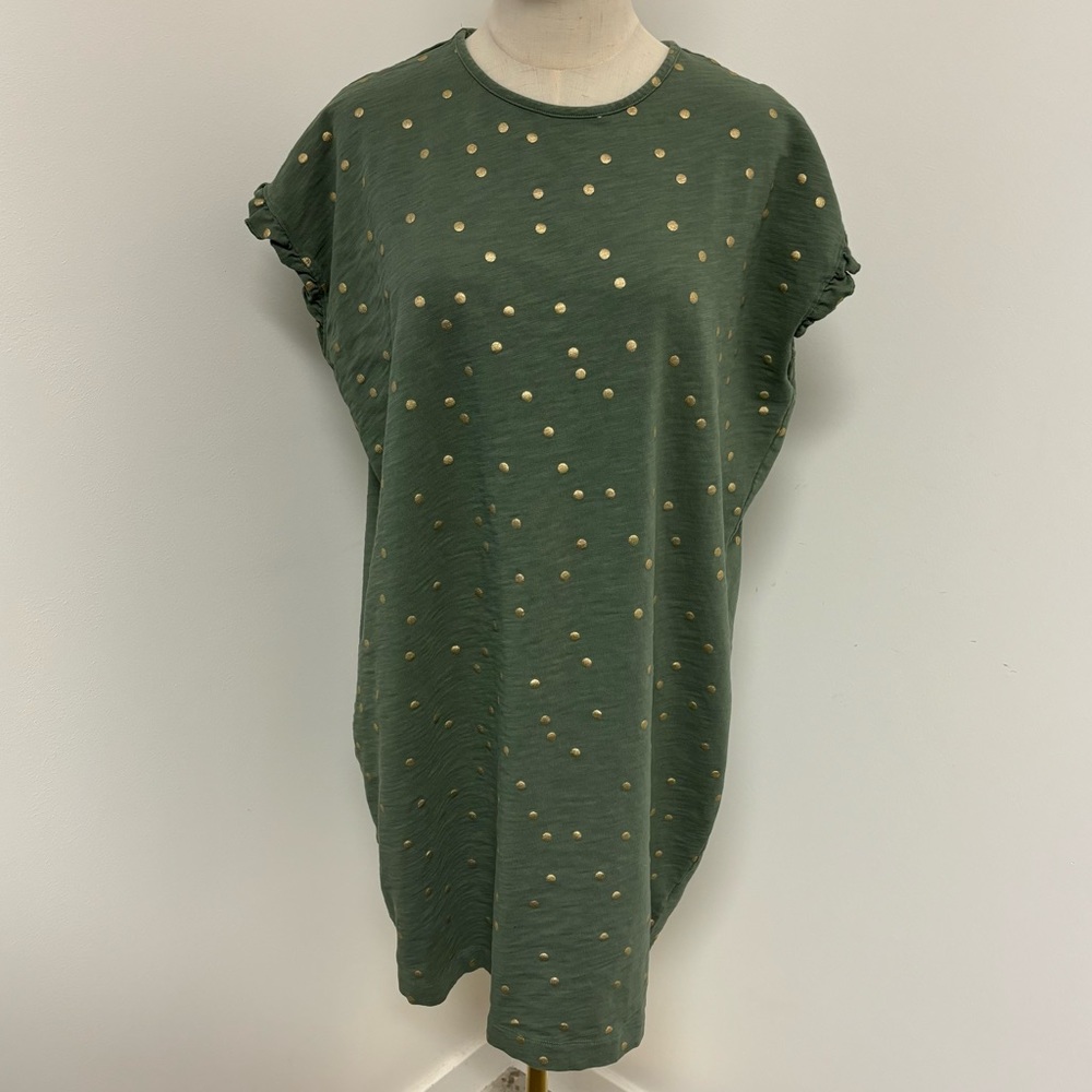 Boden Faye Jersey Olive Green w/ Gold Foil Polka Dot Frill Cap Sleeve Dress